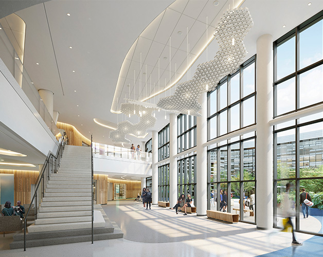 Government Hospitals and Health Facilities Corporation - Governor Juan F. Luis Hospital and Medical Center: Interior rendering of two-story lobby with large light feature and people