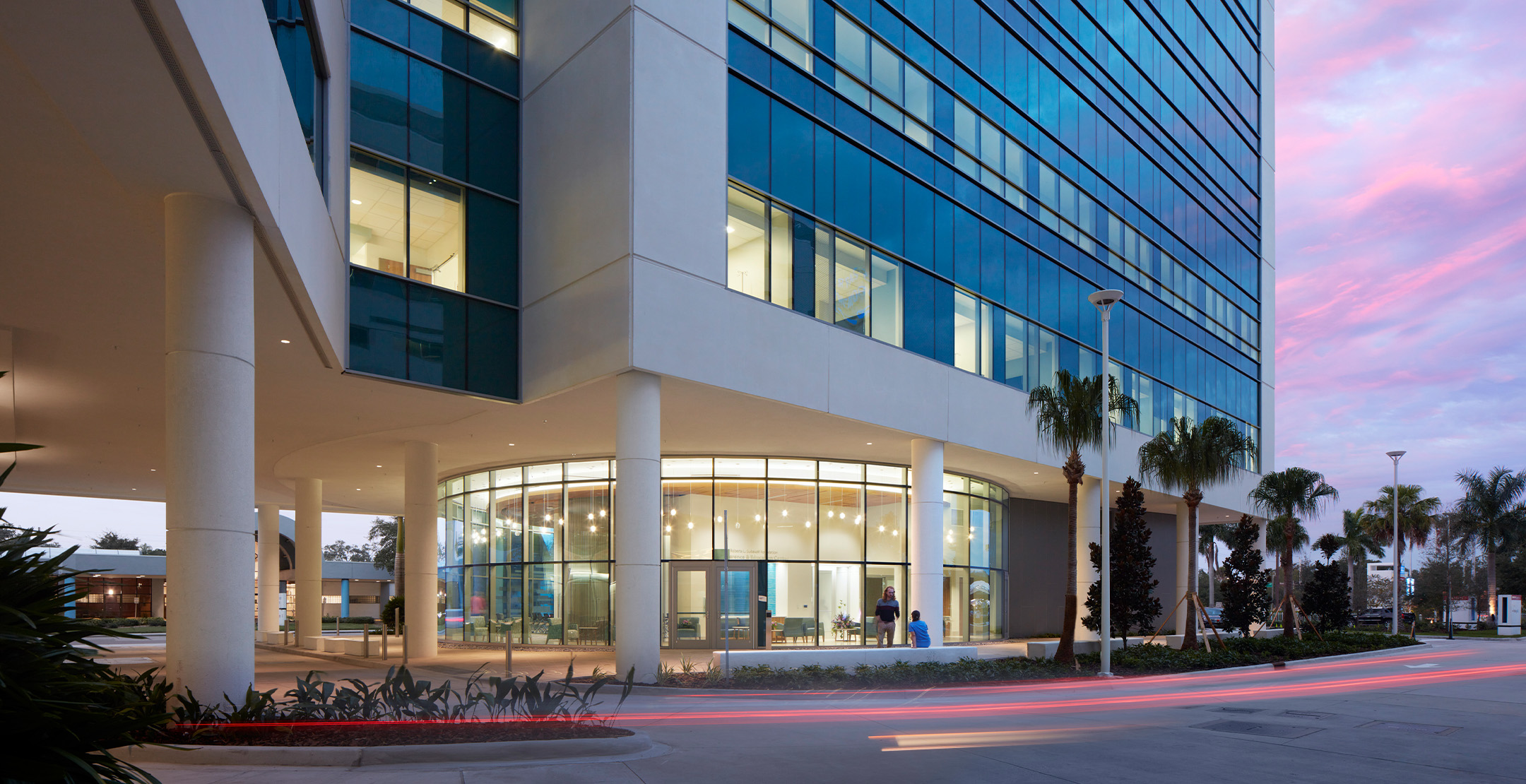 Sarasota Memorial Hospital Oncology Tower: exterior ground level at dusk