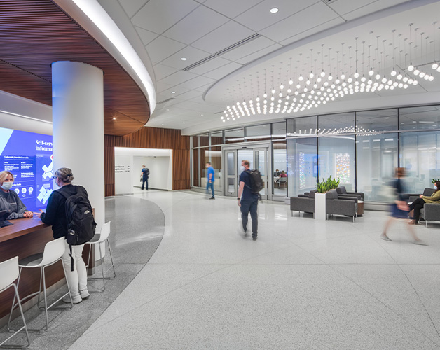 UW Transplant Clinic: entrance lobby interior, visitors, light art