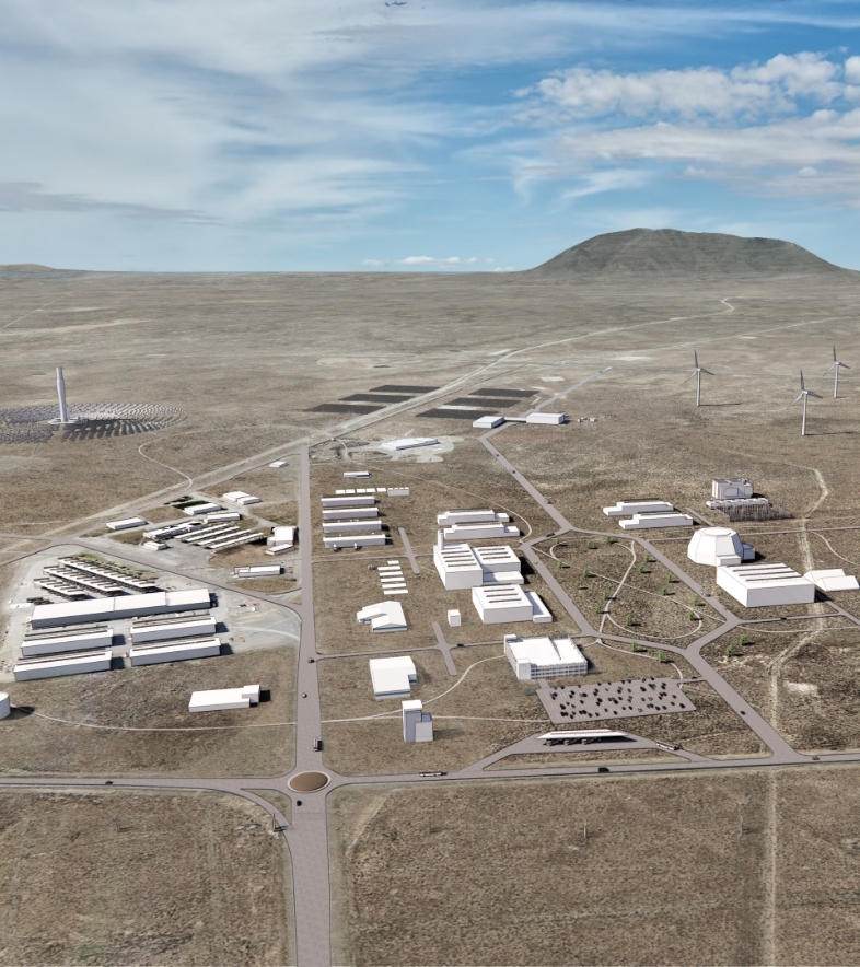 Flad Architects Aerial view of campus plan with wind and solar farms