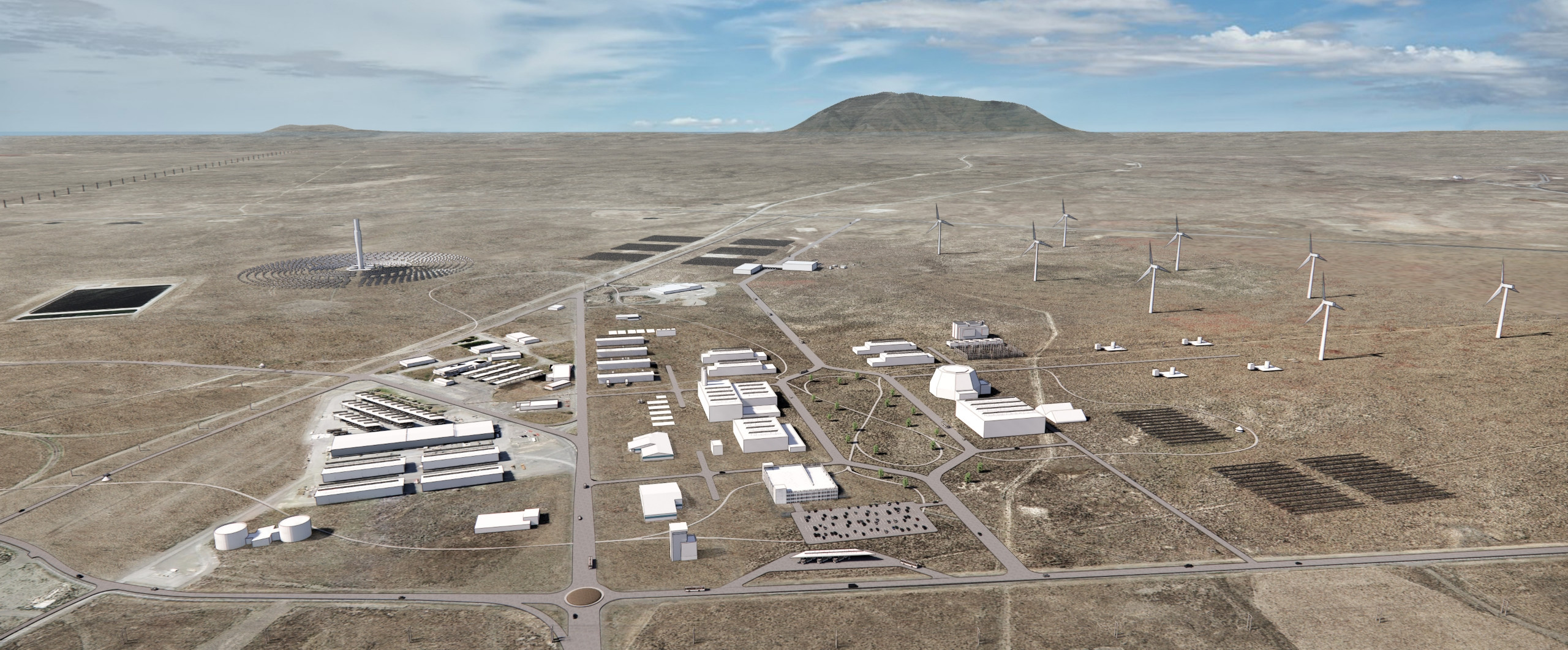 Flad Architects Aerial view of campus plan with wind and solar farms