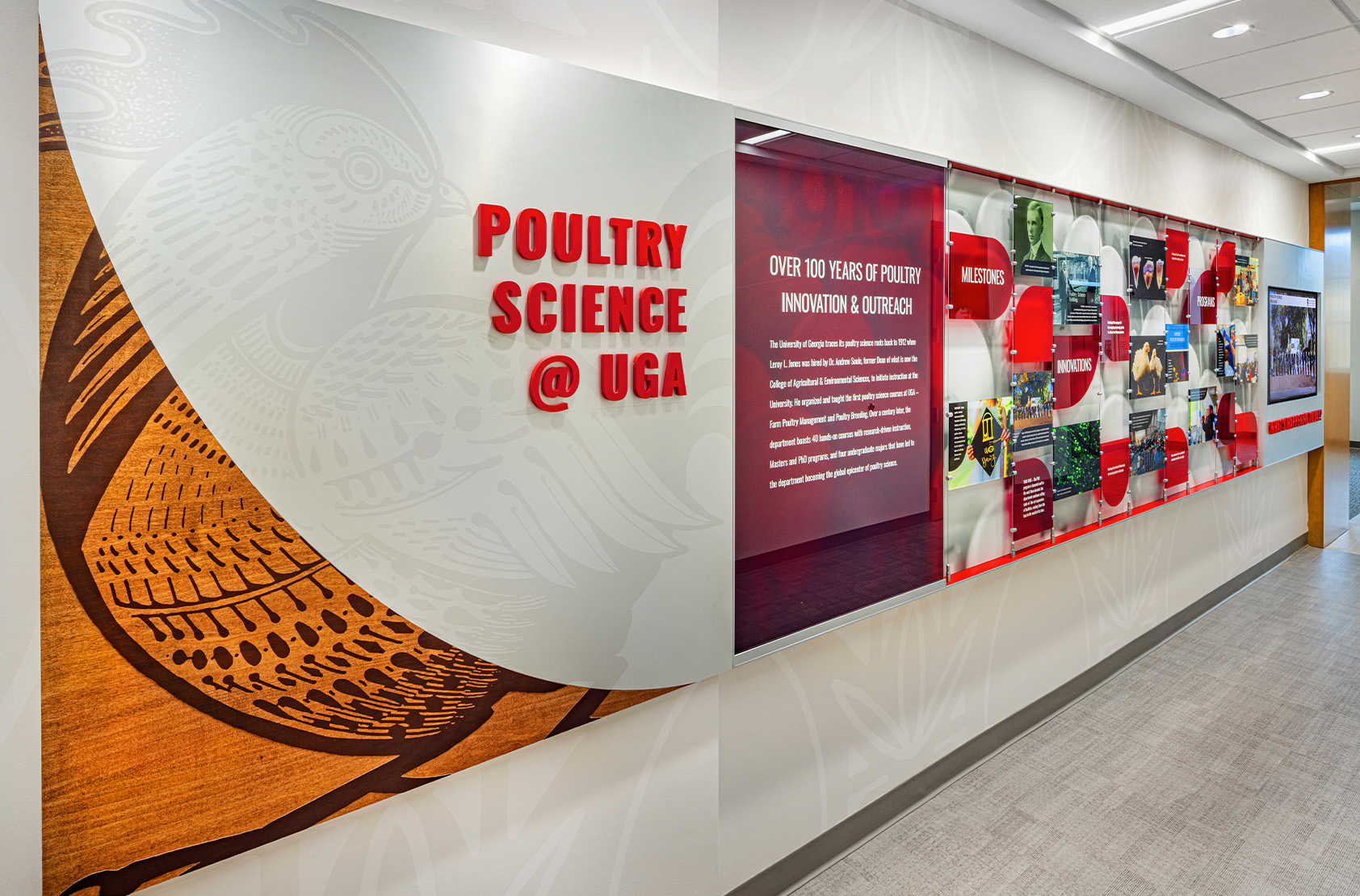 University of Georgia - Poultry Science Complex: Interior hallway installation of 100 years of poultry innovation