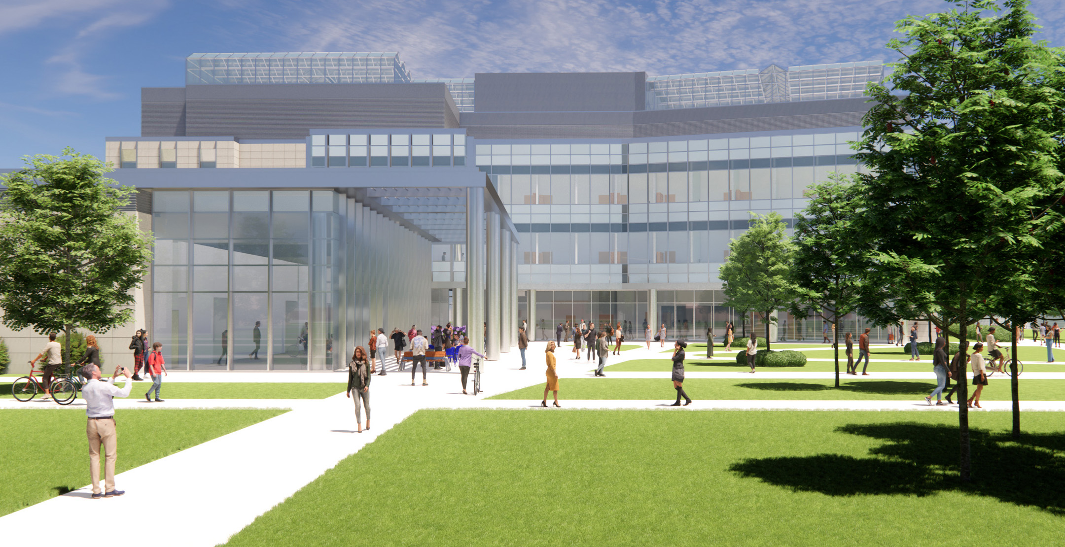 Exterior daytime rendering of University Kentucky College of Agriculture, Food and Environment (CAFE) | Agricultural Research Facility front entry with people and walking paths