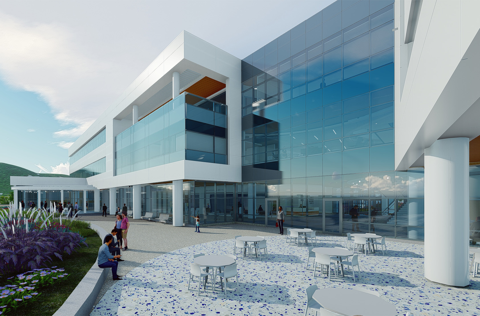 Virgin Islands Department of Health - Charles Harwood Medical Center Complex: Rendering of patio space and seating area looking towards building exterior at ground height